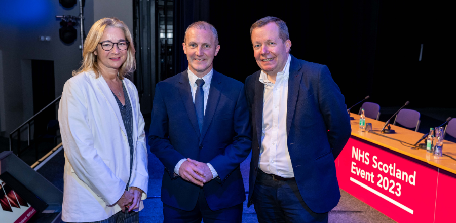 SHLS Dean Professor Anita Simmers, Scottish Government Cabinet Secretary for NHS Recovery, Health and Social Care Michael Matheson MSP and National Clinical Director Jason Leitch