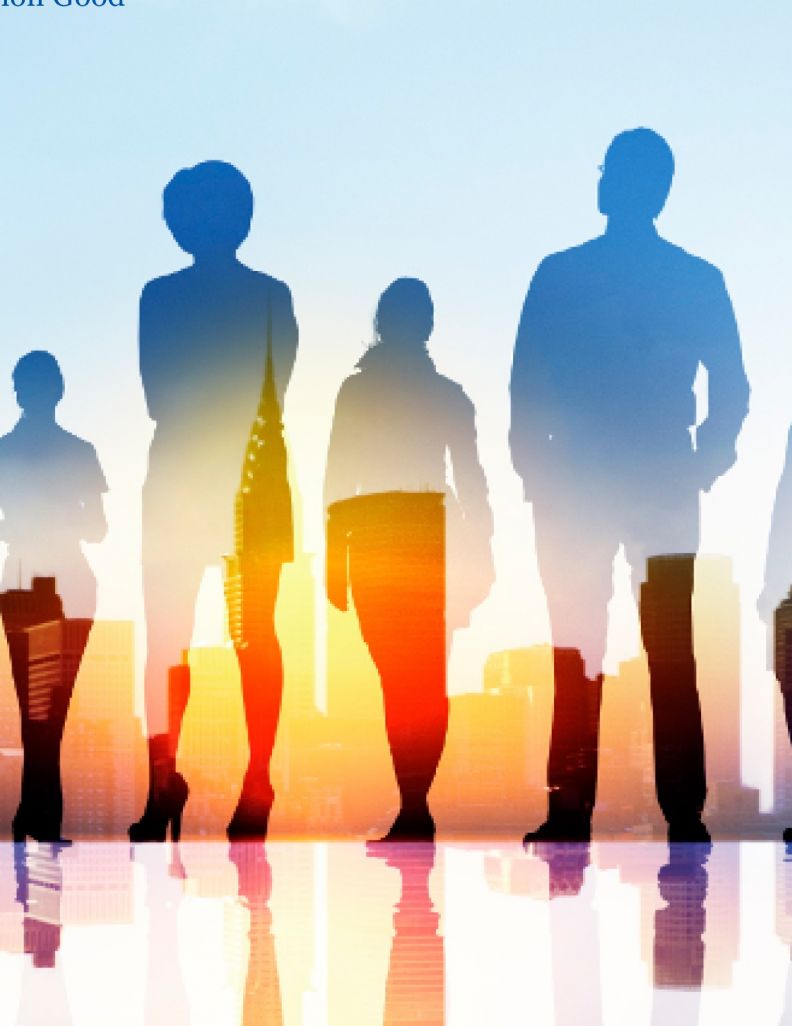 A graphic of various people's silhouettes on a bright orange and blue ombre background.