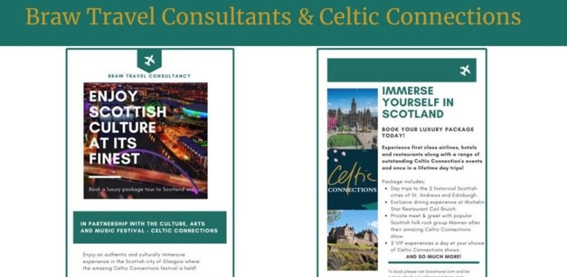 (Pictured above) A mock up travel brochure for the Celtic Connections travel experience