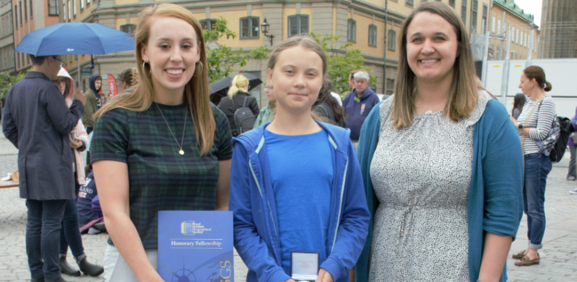 Eilidh Watson, Greta Thunberg and WWF Scotland's Lyndsey Croal.  © Royal Scottish Geographical Society/Cameron Mackay