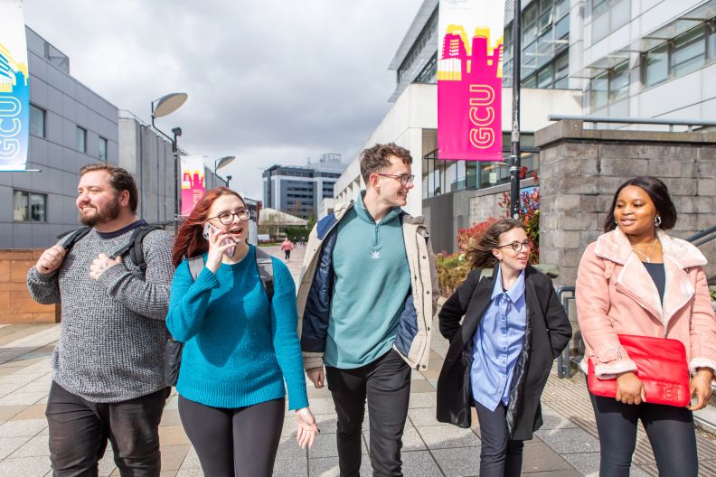 Group of five students on Glasgow campus