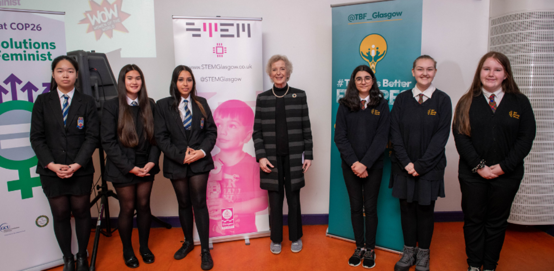 Former Irish President Dr Mary Robinson with schoolgirls at the Girls@COP26 event on campus