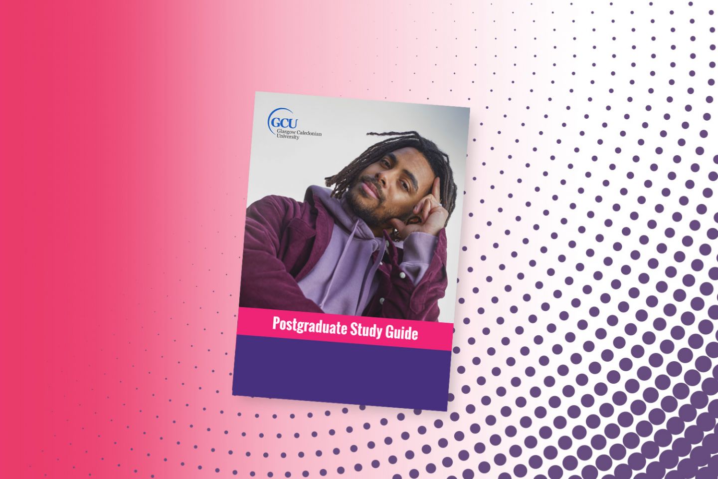 A bright pink banner with purple circle vectors covering about half of the right side. In the centre of the banner is the front cover of the postgraduate study guide which consists of a black male student with dreadlocks looking thoughtful. Below them is a pink banner with the text 'Postgraduate study guide' in white. 