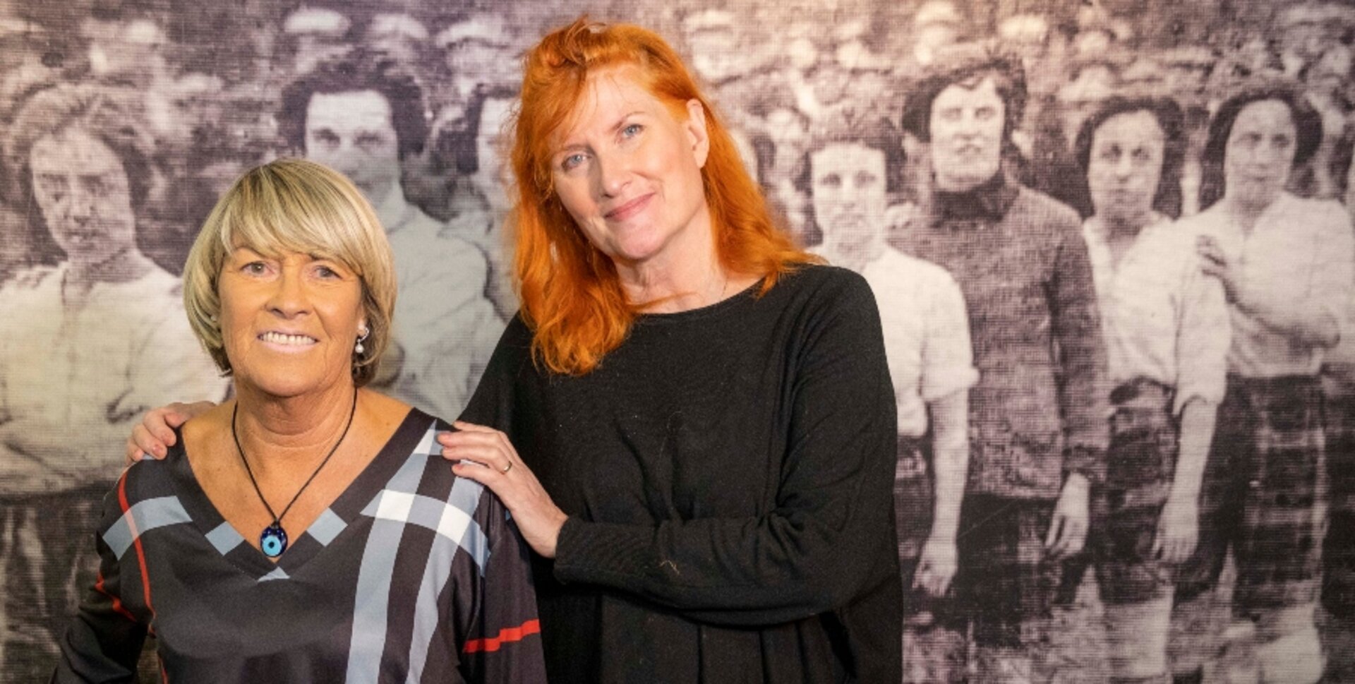 Rose Reilly MBE with Eddi Reader and a team photo of Rutherglen Ladies