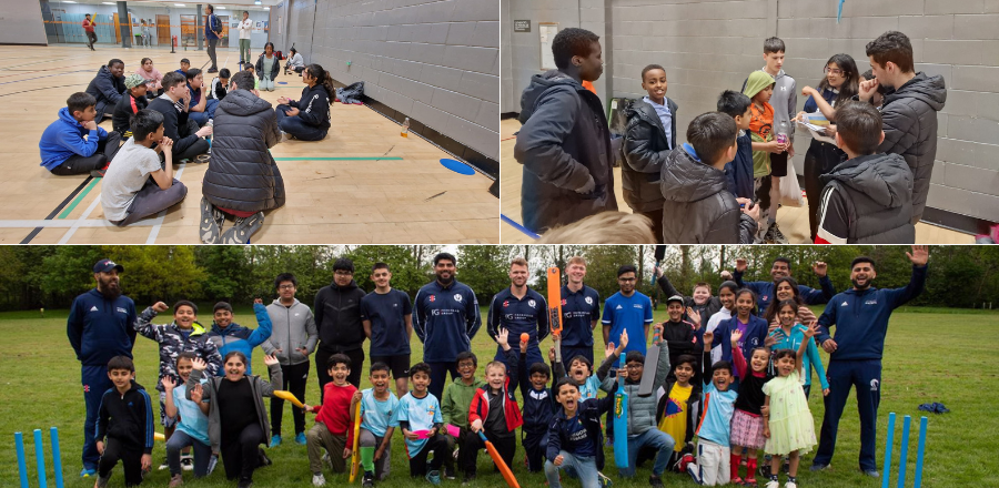 Sport and Exercise Psychology Trainee Diya Valeja with the Wicketz children and the Scottish National Cricket Team